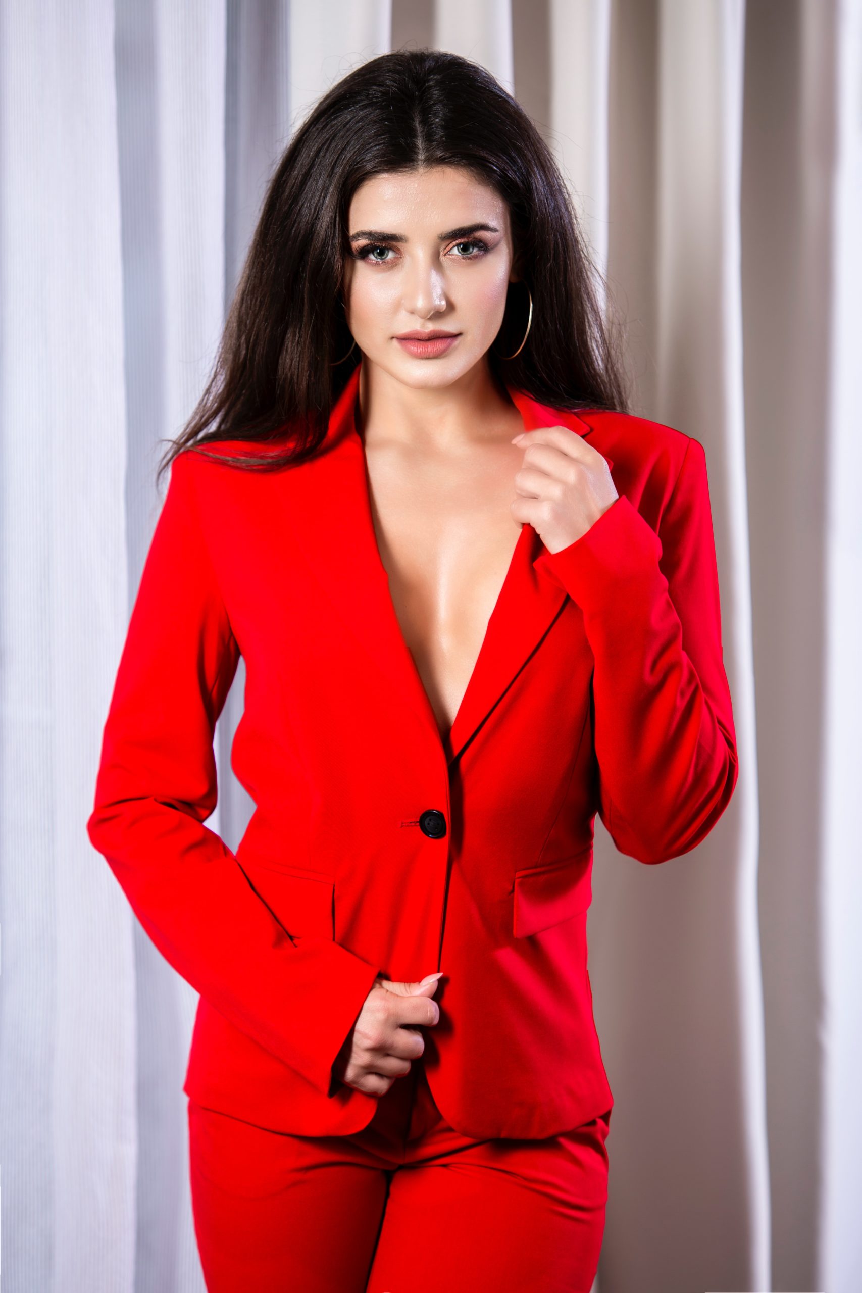 A woman in a red suit